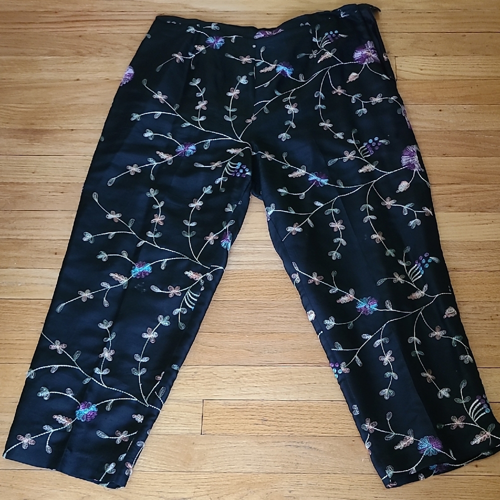 Floral Embroidered Silk Black Ankle Pants 12